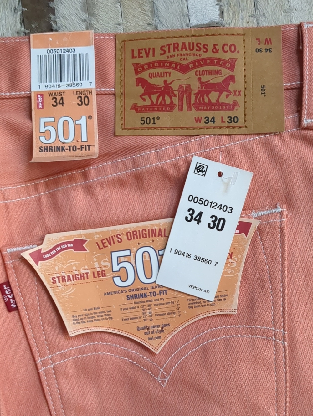 Levi's Men's 34 x 30 501 Shrink-To-Fit Raw Unwashed Denim Coral Jeans NWT - Picture 5 of 10